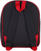 Rückansicht des schwarzen Kinderrucksacks mit verstellbaren Schultergurten und einer oberen Trageschlaufe aus rotem Webstoff.