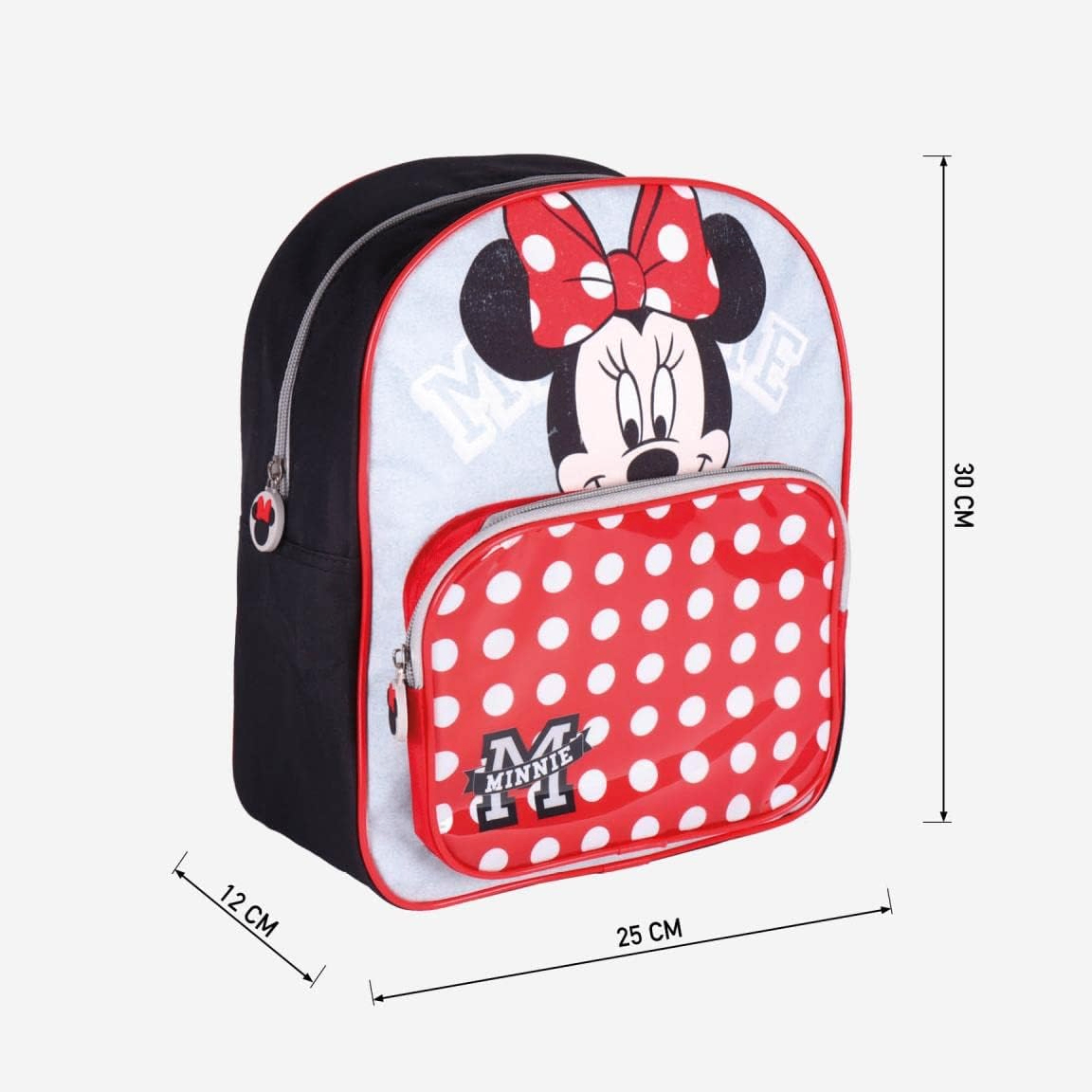 Produktgrafik des Minnie-Mouse-Rucksacks mit Maßangaben: Höhe 30 cm, Breite 25 cm und Tiefe 12 cm.