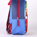 Seitenansicht des blau-grauen Rucksacks mit geschlossenem, rotem Reißverschluss und einer praktischen, blauen Seitentasche.