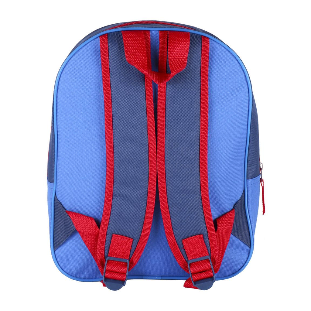 Rückansicht des blauen Kinderrucksacks mit verstellbaren, rot umrandeten Schultergurten und einer roten Trageschlaufe an der Oberseite.