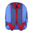 Rückansicht des blauen Kinderrucksacks mit verstellbaren, rot umrandeten Schultergurten und einer roten Trageschlaufe an der Oberseite.