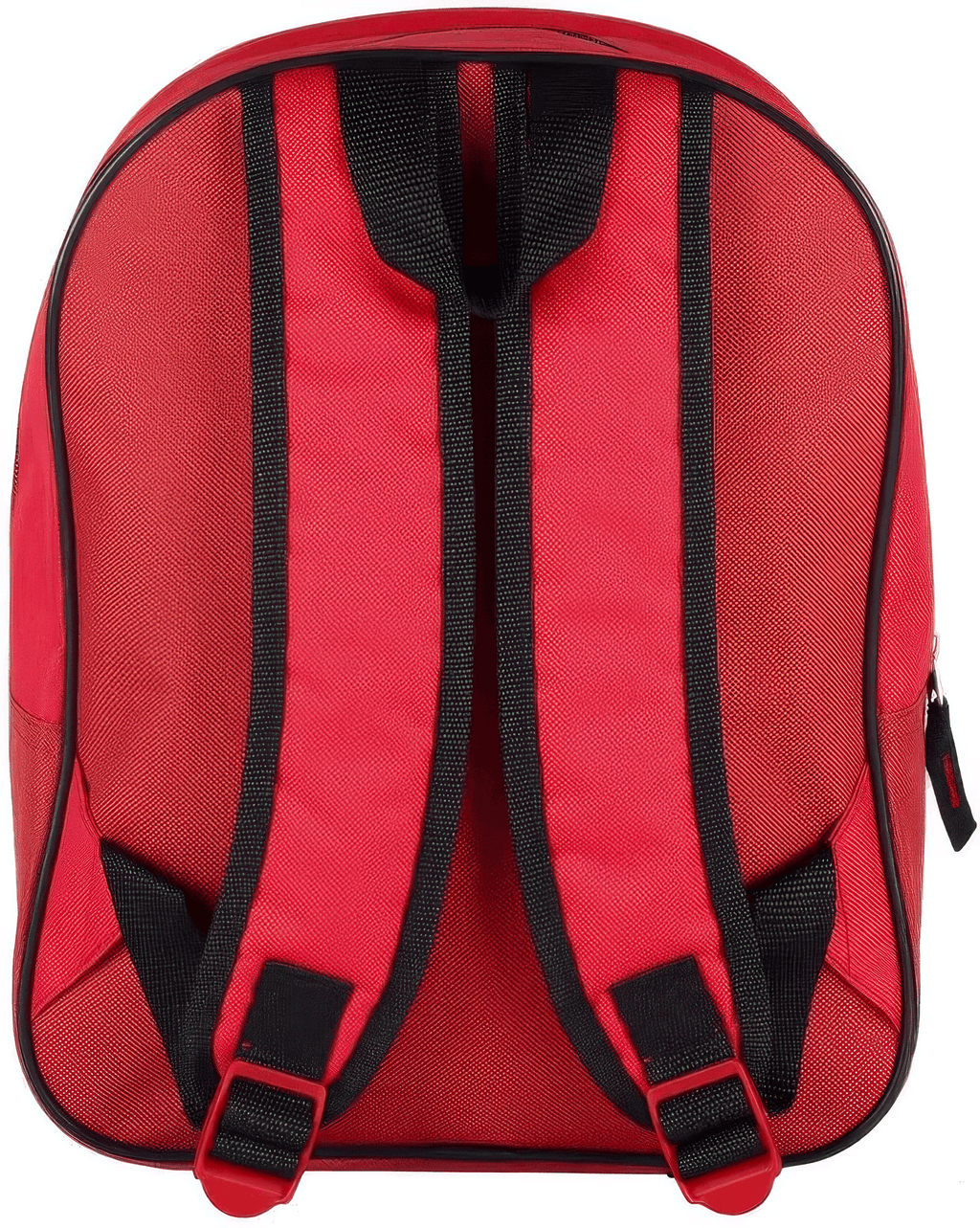 Rückansicht des roten Rucksacks mit gepolsterten, schwarzen Schultergurten, roten Verstellschnallen und einer schwarzen Trageschlaufe an der Oberseite.