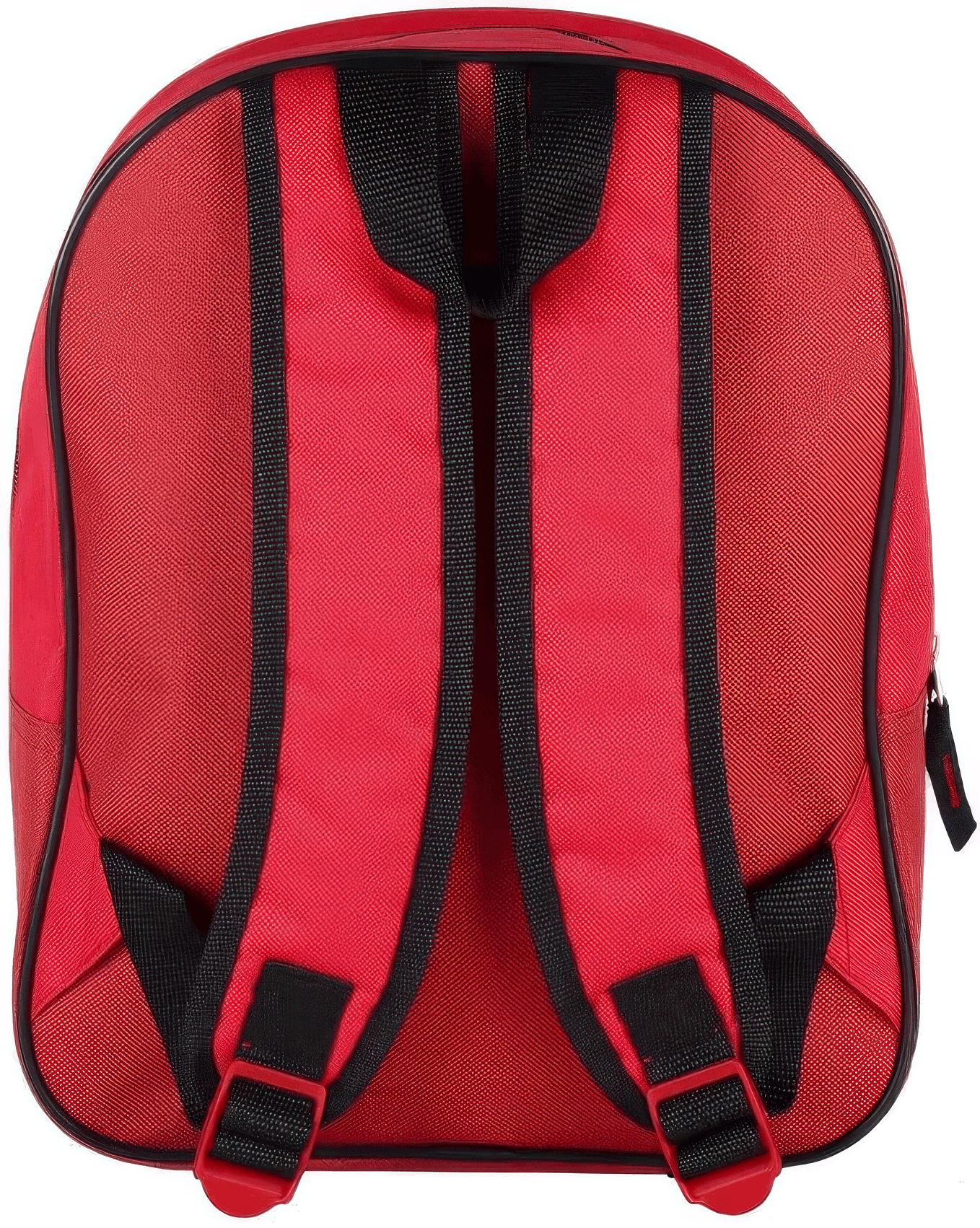 Rückansicht des roten Rucksacks mit gepolsterten, schwarzen Schultergurten, roten Verstellschnallen und einer schwarzen Trageschlaufe an der Oberseite.