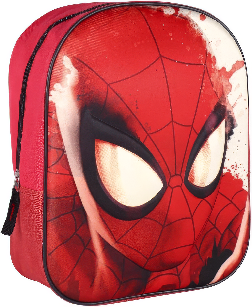 Schräge Vorderansicht des roten Rucksacks mit einem großen, detailreichen Spider-Man-Gesicht im 3D-Design und hell leuchtenden Augen-Partien.