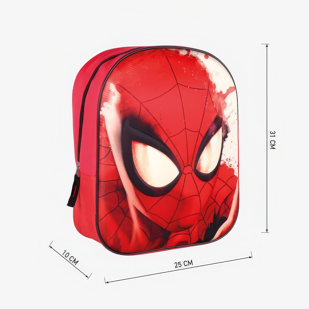 Produktgrafik des Spider-Man-Rucksacks mit Maßangaben: Höhe 31 cm, Breite 25 cm und Tiefe 10 cm.