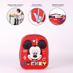 Infografik mit drei runden Detailbildern zu Schuleignung, verstellbaren Gurten und dem plastischen Mickey-Mouse-3D-Design aus EVA über der Produktansicht.