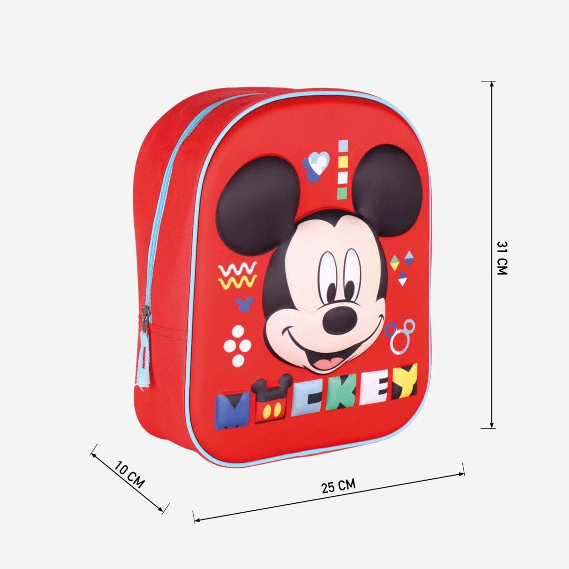 Produktgrafik des roten Mickey-Mouse-Rucksacks mit Maßangaben: Höhe 31 cm, Breite 25 cm und Tiefe 10 cm.