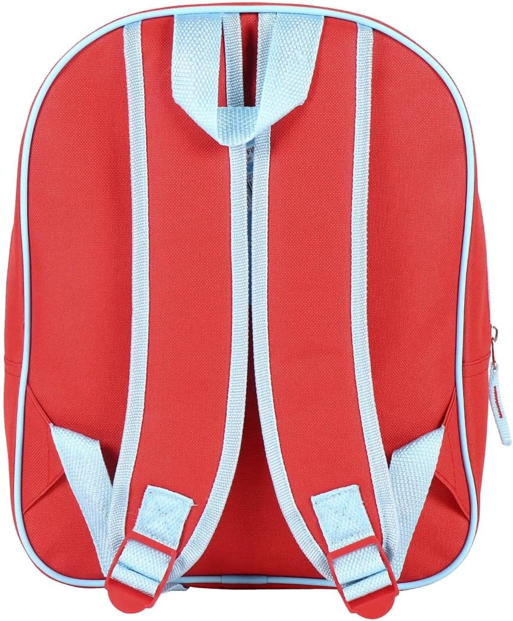 Rückansicht des roten Rucksacks mit verstellbaren, hellblauen Schultergurten, roten Schnallen und einer hellblauen Trageschlaufe oben.