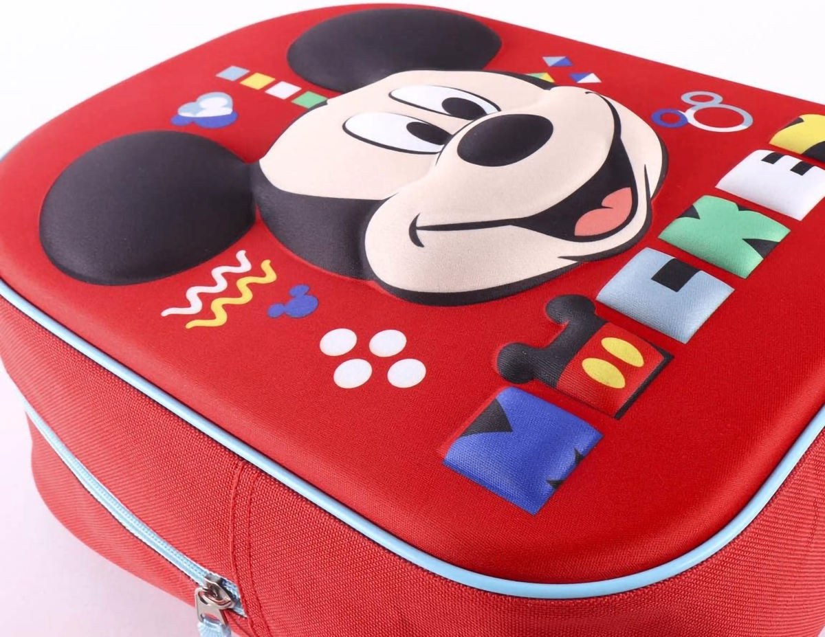 Detailansicht der dreidimensionalen EVA-Vorderseite, die das lächelnde Gesicht von Mickey Mouse und bunte Deko-Elemente plastisch hervorhebt.