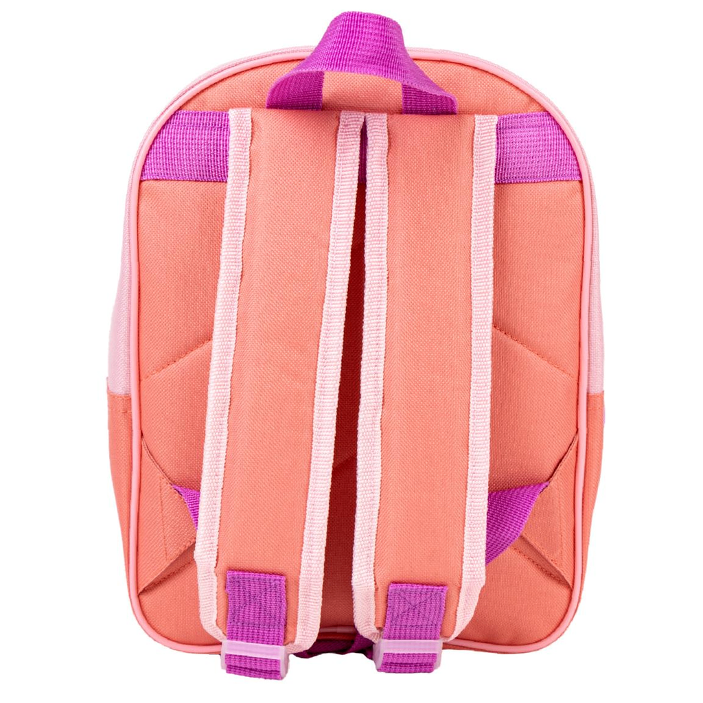 Rückansicht des rosa-peachfarbenen Rucksacks mit verstellbaren Schultergurten und einer lila Trageschlaufe an der Oberseite.