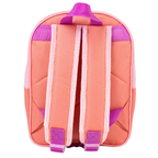 Rückansicht des rosa-peachfarbenen Rucksacks mit verstellbaren Schultergurten und einer lila Trageschlaufe an der Oberseite.