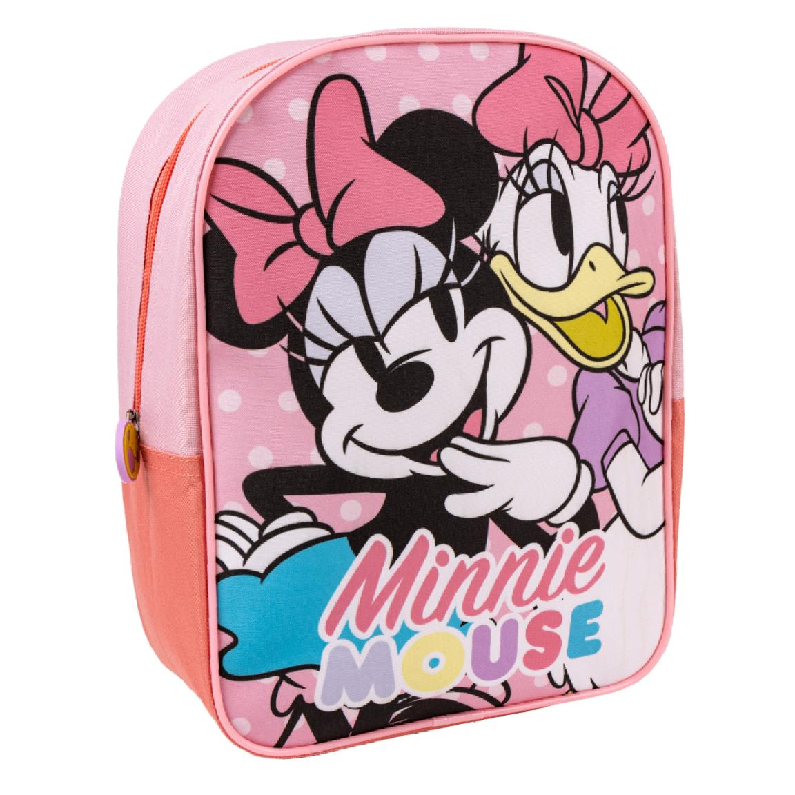 Schräge Vorderansicht des rosa Rucksacks mit Minnie Mouse und Daisy Duck sowie dem farbigen Schriftzug „Minnie Mouse“.