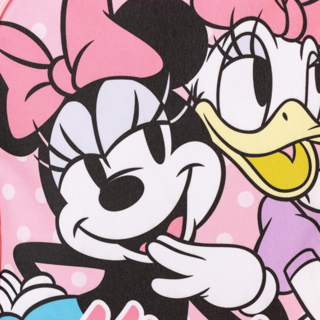 Detailaufnahme des farbenfrohen Frontdrucks mit den lachenden Disney-Figuren Minnie Mouse und Daisy Duck auf gepunktetem rosa Hintergrund.