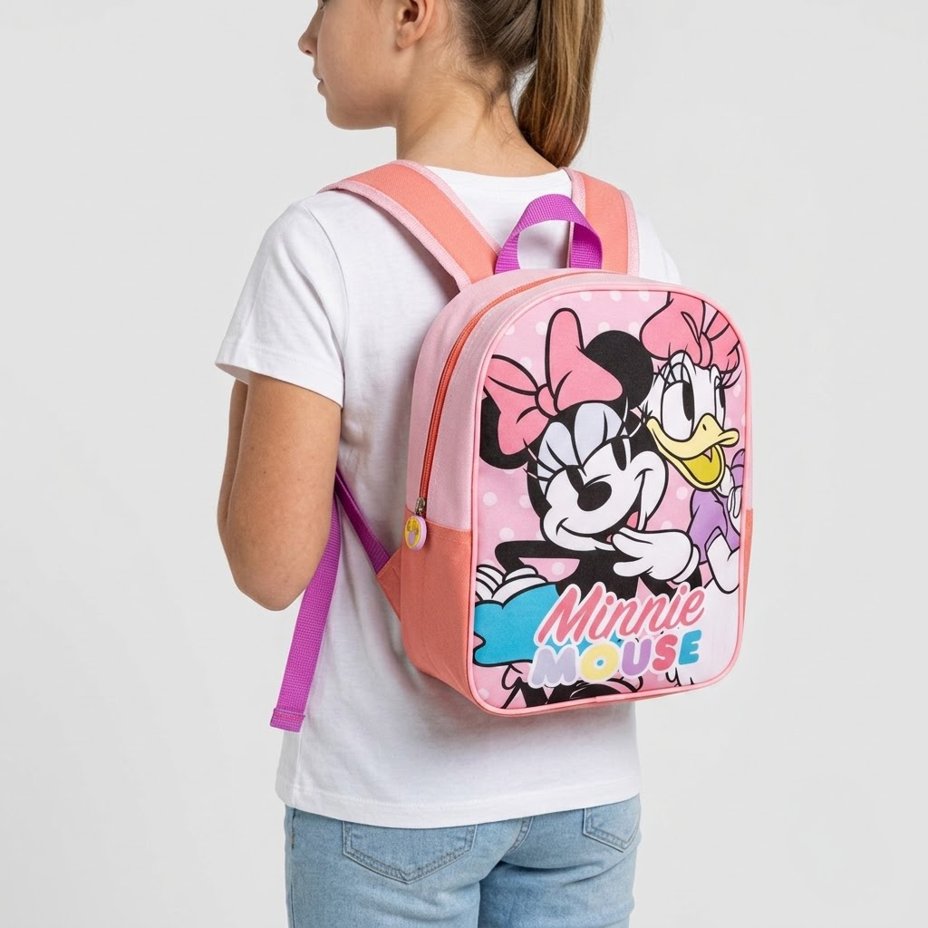 Disney Minnie Mouse & Daisy Duck Rucksack für Kinder Rosa auf dem Rücken eines Mädchens
