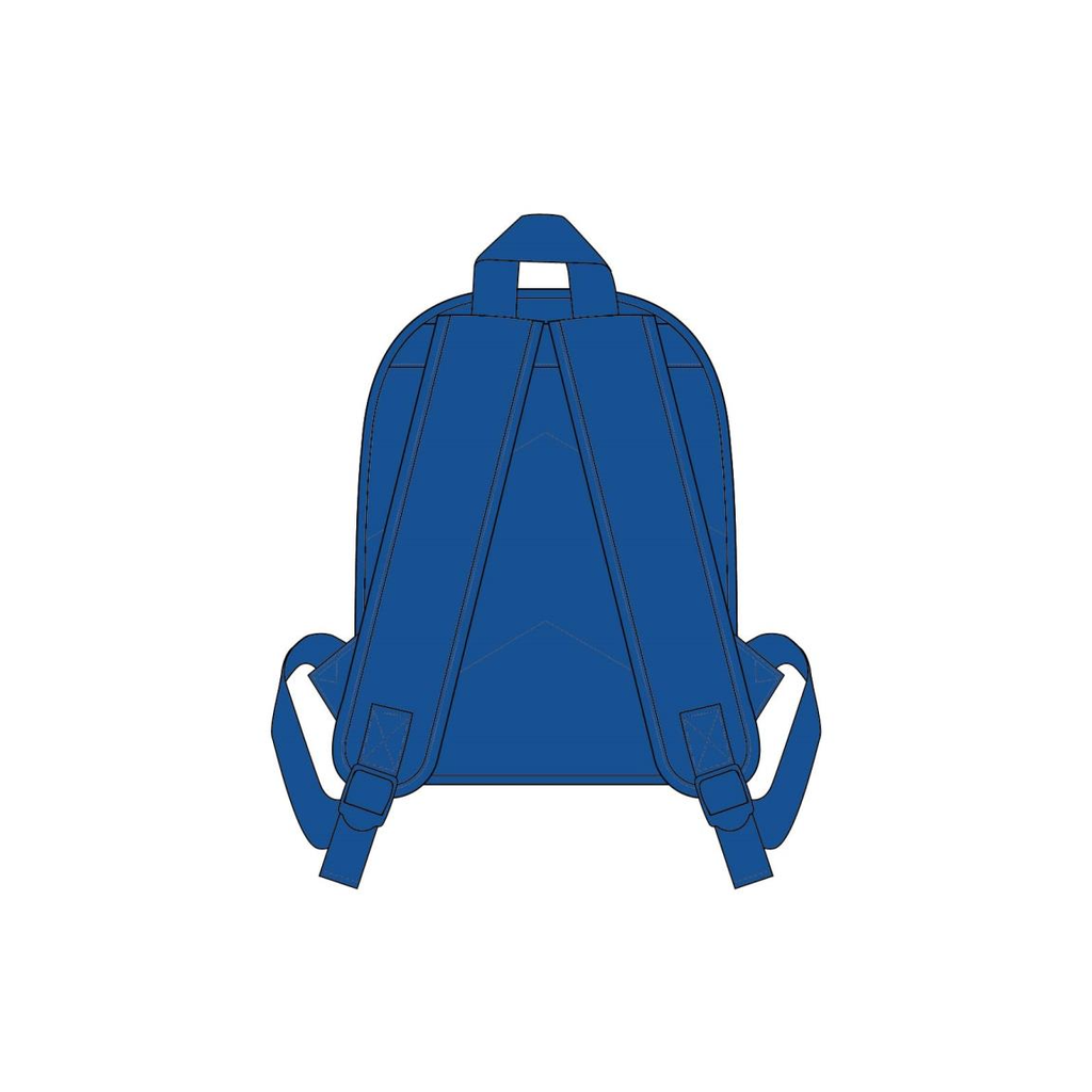 Schematische Produktgrafik der blauen Rucksack-Rückseite mit den verstellbaren Tragegurten und der oberen Trageschlaufe.