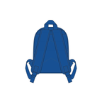 Schematische Produktgrafik der blauen Rucksack-Rückseite mit den verstellbaren Tragegurten und der oberen Trageschlaufe.