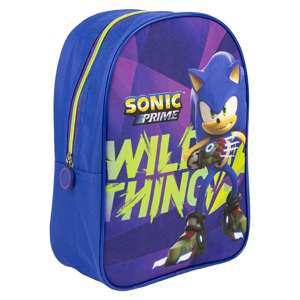 Schräge Vorderansicht des blauen Sonic-Prime-Rucksacks mit neongelbem Reißverschluss und dem dynamischen Motiv von Sonic in Aktion.