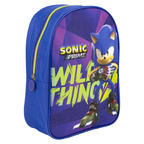 Schräge Vorderansicht des blauen Sonic-Prime-Rucksacks mit neongelbem Reißverschluss und dem dynamischen Motiv von Sonic in Aktion.