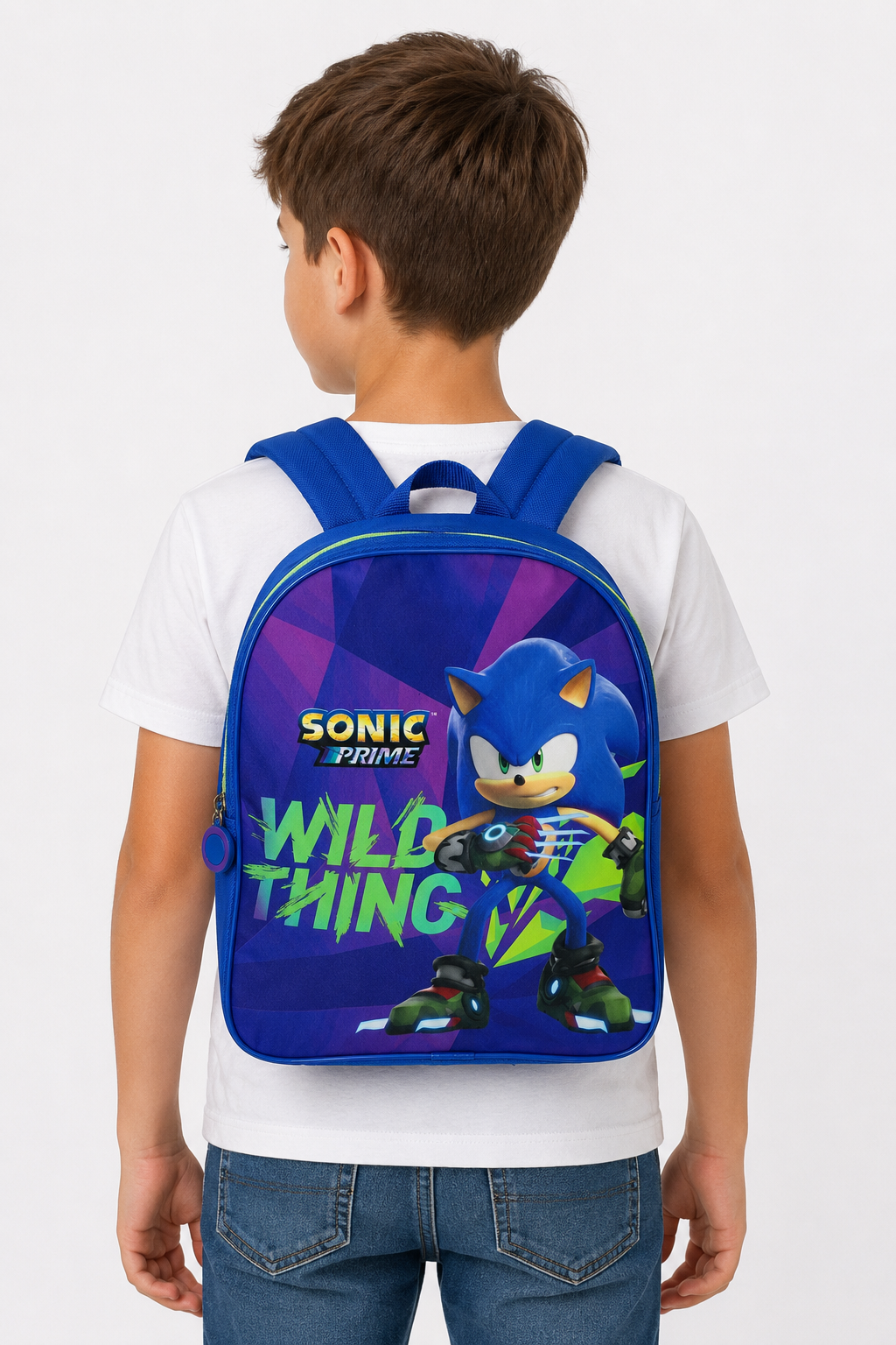Sonic Prime Rucksack für Kinder Wild Thing Blau Lila Kindergarten auf dem Rücken eines Jungen