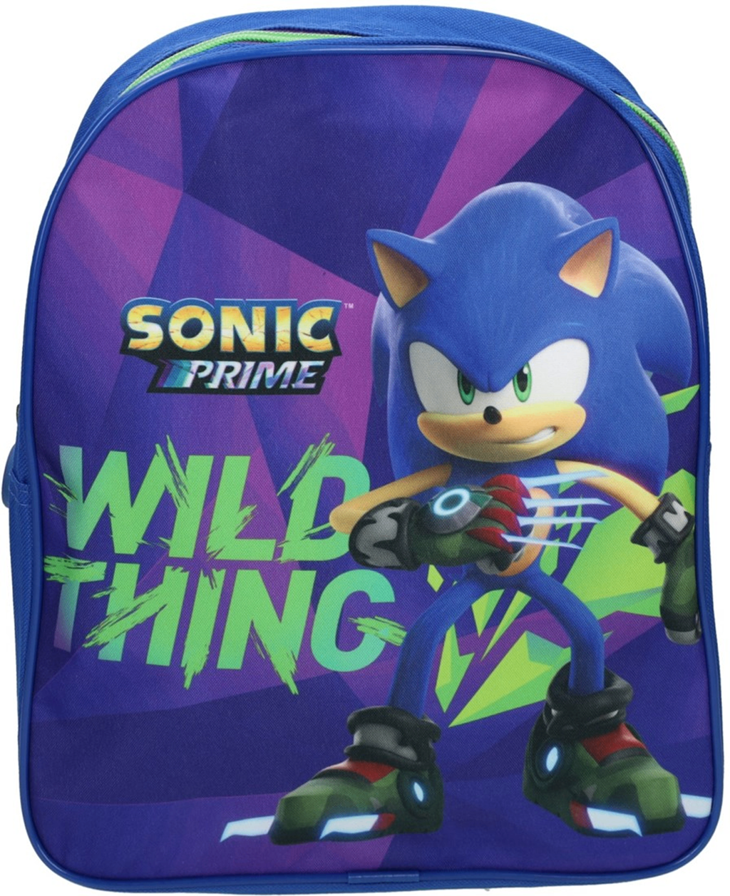 Frontalansicht des blauen Kinderrucksacks mit einem großflächigen Sonic-Prime-Motiv, dem neongrünen Schriftzug „Wild Thing“ und blau-violettem Hintergrund.