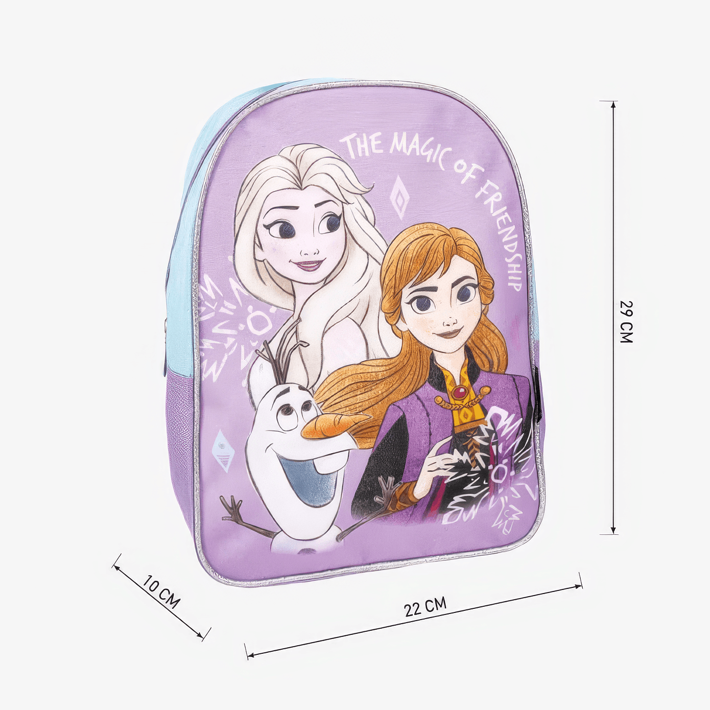 Produktgrafik des lila-hellblauen Eiskönigin-Rucksacks mit Maßangaben zur Größe: Höhe 29 cm, Breite 22 cm und Tiefe 10 cm.