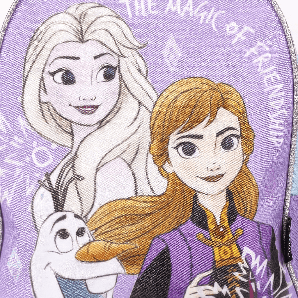 Detailaufnahme des Frontdrucks mit Elsa, Anna und Schneemann Olaf sowie dem geschwungenen weißen Schriftzug „The Magic of Friendship“.