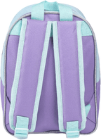 Rückansicht des lila Rucksacks mit strukturiertem Material, verstellbaren mintgrünen Schultergurten und einer passenden Trageschlaufe.