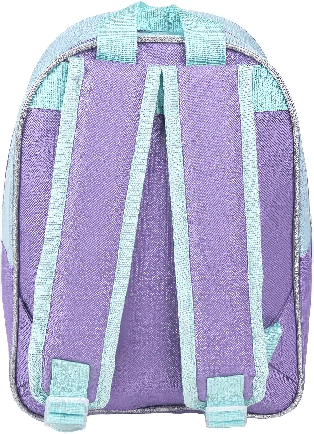 Rückansicht des lila Rucksacks mit strukturiertem Material, verstellbaren mintgrünen Schultergurten und einer passenden Trageschlaufe.