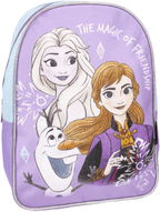 Schräge Vorderansicht des Disney „Frozen“-Rucksacks in Lila und Hellblau mit den beliebten Charakteren und glitzernden Konturen.