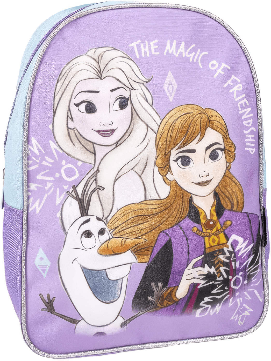 Schräge Vorderansicht des Disney „Frozen“-Rucksacks in Lila und Hellblau mit den beliebten Charakteren und glitzernden Konturen.
