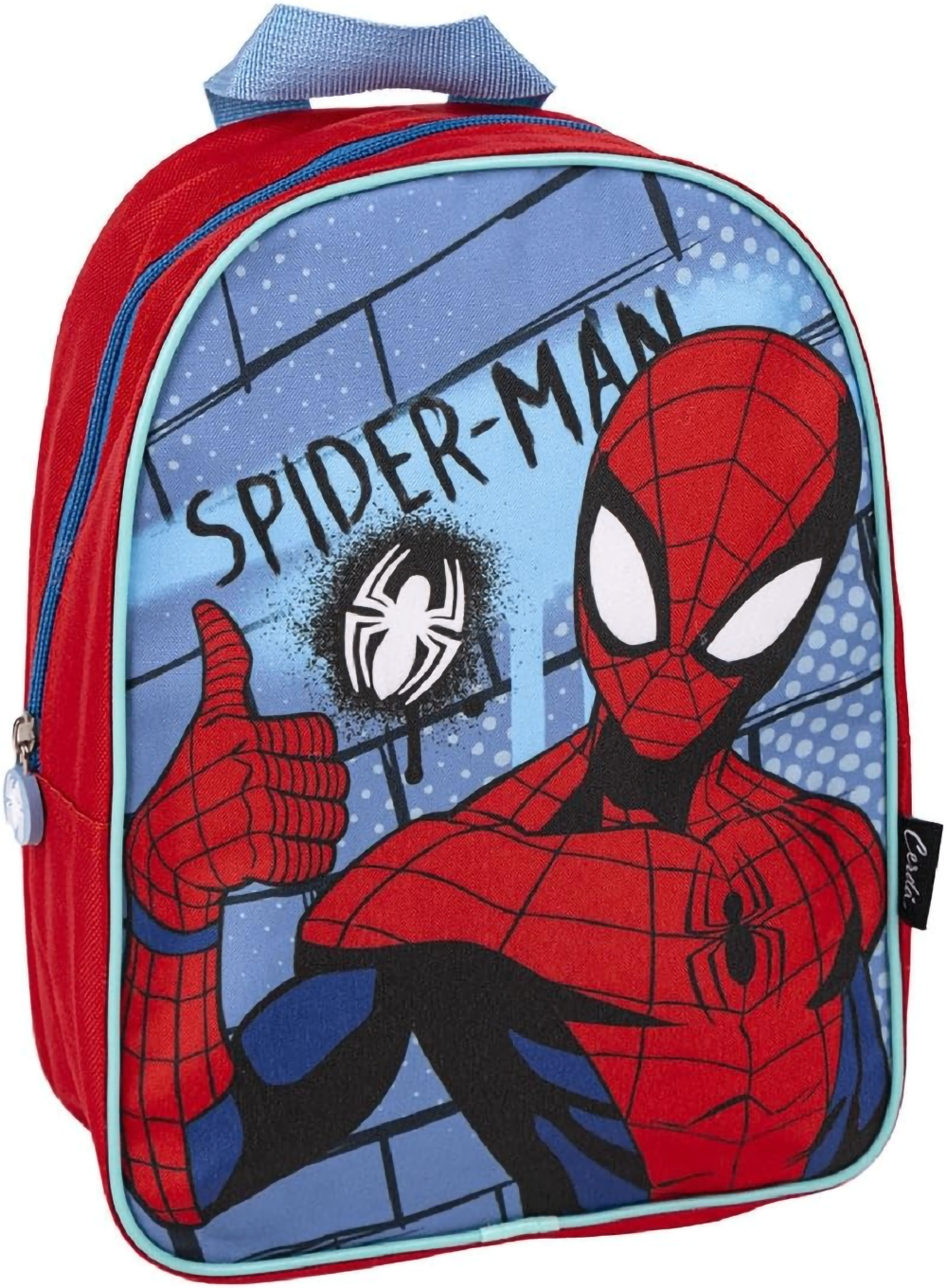 Schräge Vorderansicht des roten Spider-Man-Rucksacks mit hellblauer Paspelierung und einem Comic-Motiv des Superhelden, der den Daumen hebt.