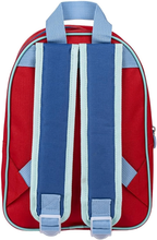 Rückansicht des roten Kinderrucksacks mit verstellbaren, blau-hellblauen Schultergurten und einer hellblauen Trageschlaufe an der Oberseite.