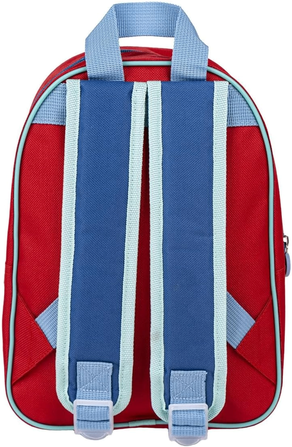 Rückansicht des roten Kinderrucksacks mit verstellbaren, blau-hellblauen Schultergurten und einer hellblauen Trageschlaufe an der Oberseite.