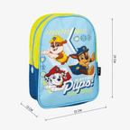 Produktgrafik des hellblau-gelben Paw-Patrol-Kinderrucksacks mit eingezeichneten Maßen: Höhe 29 cm, Breite 22 cm und Tiefe 10 cm.