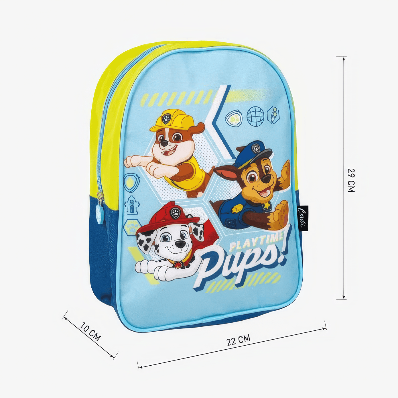 Produktgrafik des hellblau-gelben Paw-Patrol-Kinderrucksacks mit eingezeichneten Maßen: Höhe 29 cm, Breite 22 cm und Tiefe 10 cm.