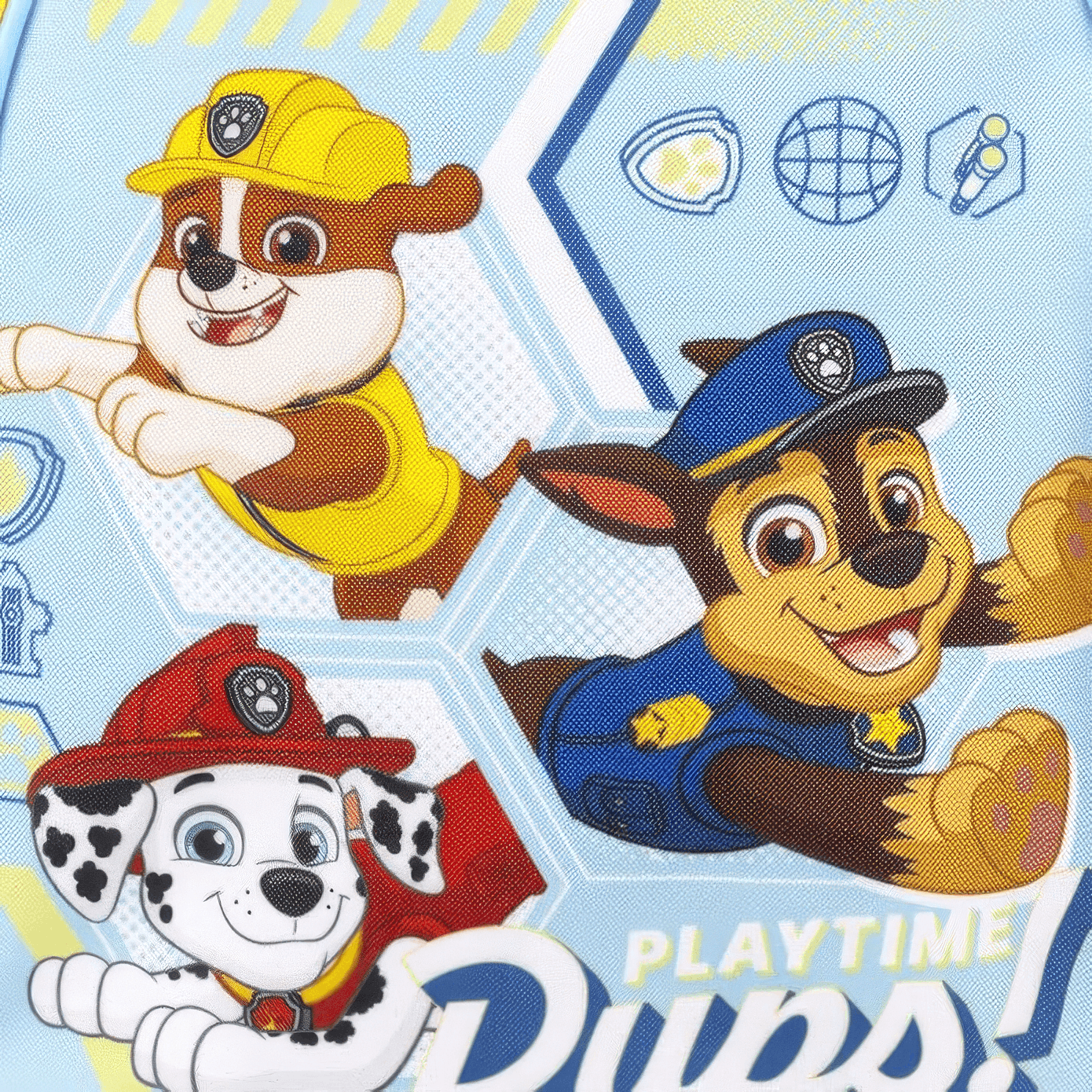 Detailaufnahme des Frontdrucks mit den beliebten Hunden Rubble, Chase und Marshall sowie dem weißen Schriftzug „Playtime Pups!“ auf hellblauem Grund.