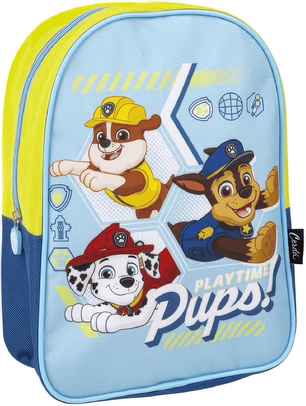 Schräge Vorderansicht des hellblauen Paw-Patrol-Rucksacks mit neongelben Akzenten an den Seiten und dem farbenfrohen Motiv der Helfer auf vier Pfoten.