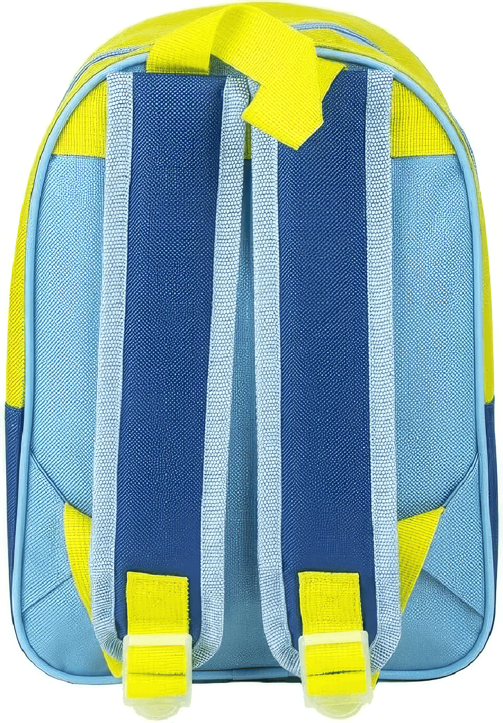Rückansicht des Rucksacks mit hellblau strukturiertem Material, verstellbaren, blau-hellblauen Schulterriemen und einer neongelben Trageschlaufe oben.