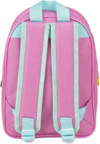 Rückansicht des rosa Kinderrucksacks mit verstellbaren, mintgrünen Schultergurten und einer farblich passenden Trageschlaufe an der Oberseite.