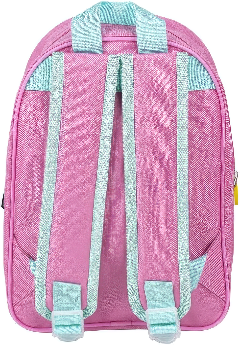 Rückansicht des rosa Kinderrucksacks mit verstellbaren, mintgrünen Schultergurten und einer farblich passenden Trageschlaufe an der Oberseite.