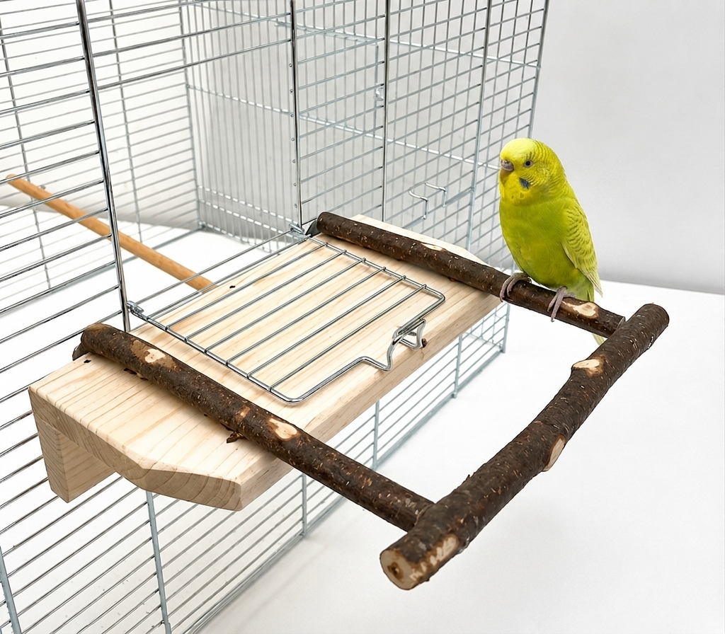 Anflugsitzstange „Janni“ aus Naturholz an einer geöffneten Käfigtür befestigt, auf der ein gelb-grüner Wellensittich sitzt.