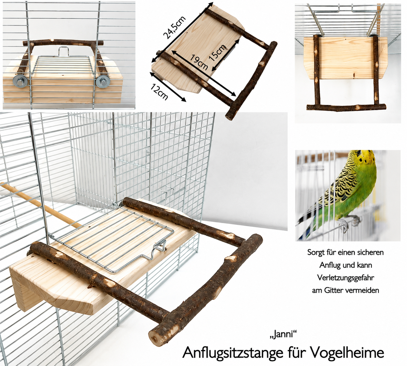 Übersichtsgrafik der Anflugsitzstange „Janni“ mit mehreren Detailansichten, Maßangaben und einem Wellensittich im Motivbild.