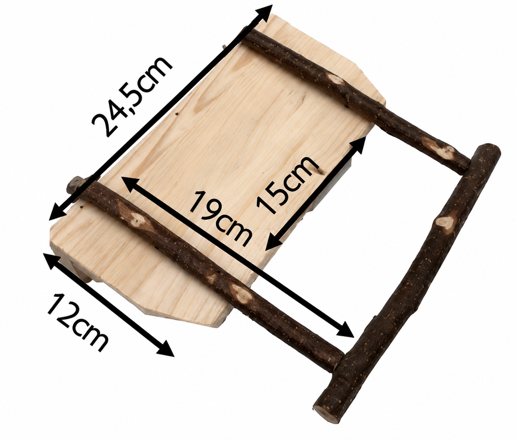 Freigestellte Produktgrafik der Holz-Anflugplattform mit eingezeichneten Maßen: 24,5 cm Gesamtlänge, 19 cm Breite und 12 cm Plattenbreite.