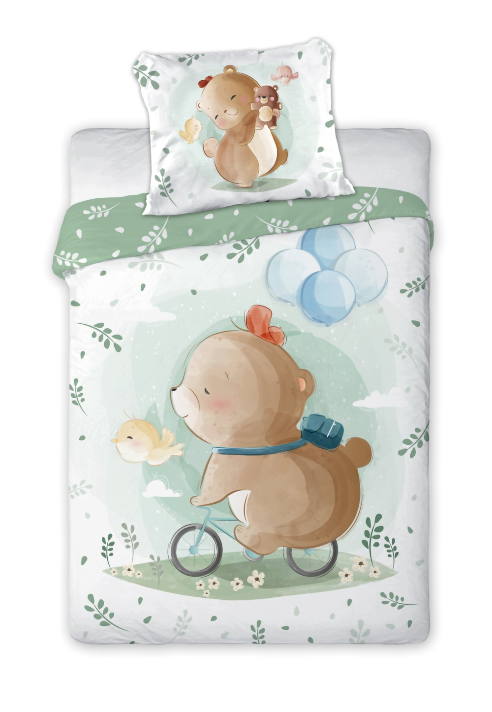 Frontalansicht der ausgebreiteten Kinderbettwäsche mit Bärenmotiv auf dem Fahrrad, blauen Luftballons und farblich abgestimmtem Kissenbezug.
