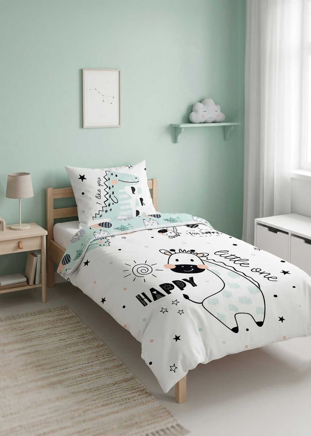 Aufgezogene Kinderbettwäsche in hellgrünem Kinderzimmer mit Giraffenmotiv auf der Decke und Krokodilmotiv auf dem Kissen.