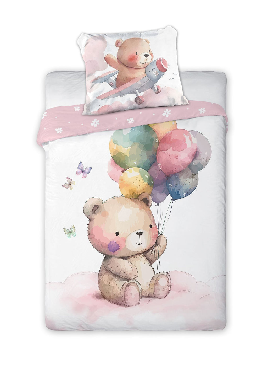Freigestellte Frontalansicht des Bettwäsche-Sets mit Teddybär und Luftballons auf dem Deckenbezug sowie Bär im Flugzeug auf dem Kissen.