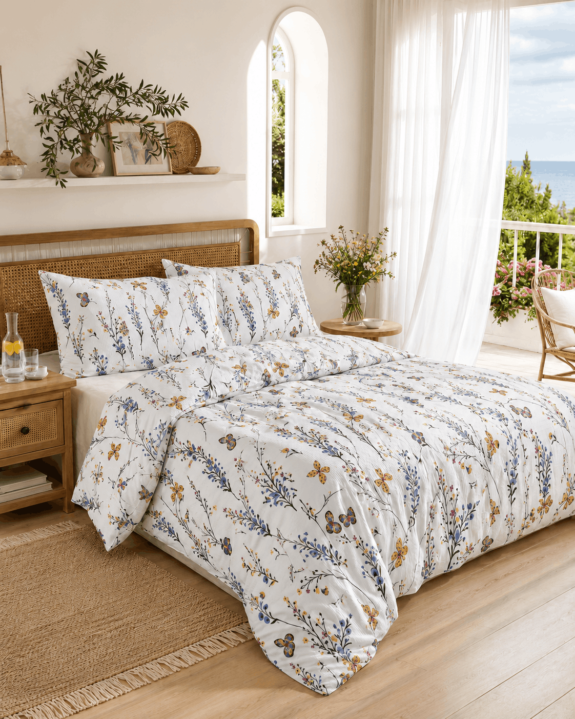 Aufgezogene Seersucker-Bettwäsche mit Blumen- und Schmetterlingsmuster auf einem Bett in einem mediterran eingerichteten Schlafzimmer.