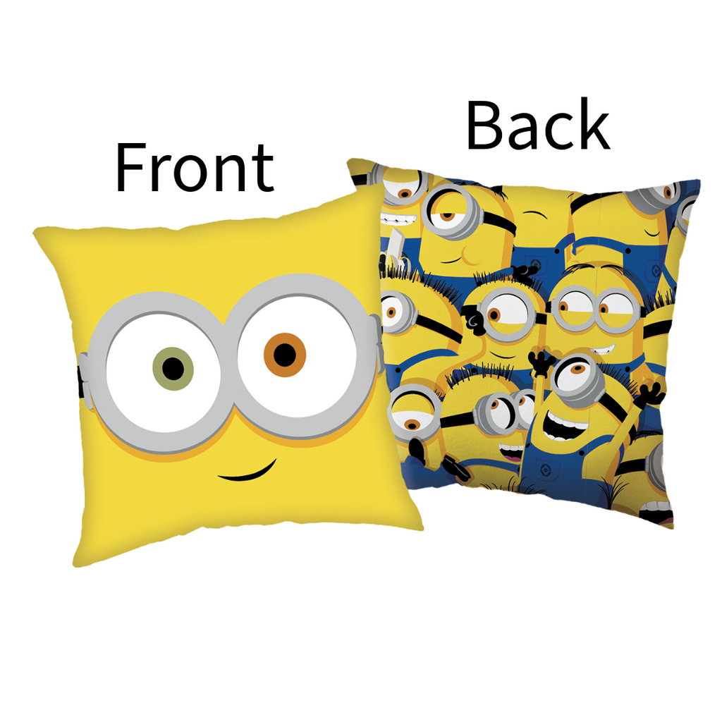 Produktgrafik der Vorder- und Rückseite des Minions-Kissens mit Wendemotiv und Beschriftung „Front“ und „Back“.