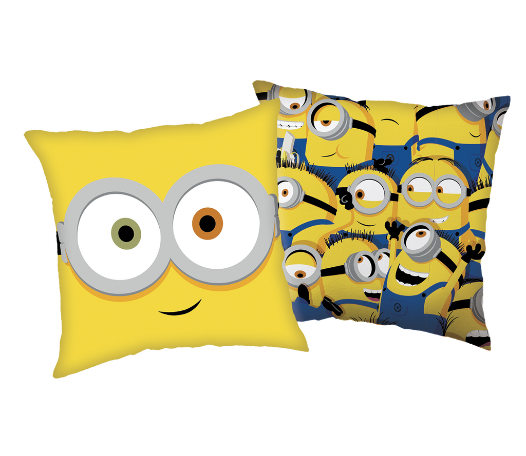 Freigestelltes Minions-Wendekissen vor schwarzem Hintergrund mit Bobs Gesicht vorne und Minions-Wimmelbild hinten.