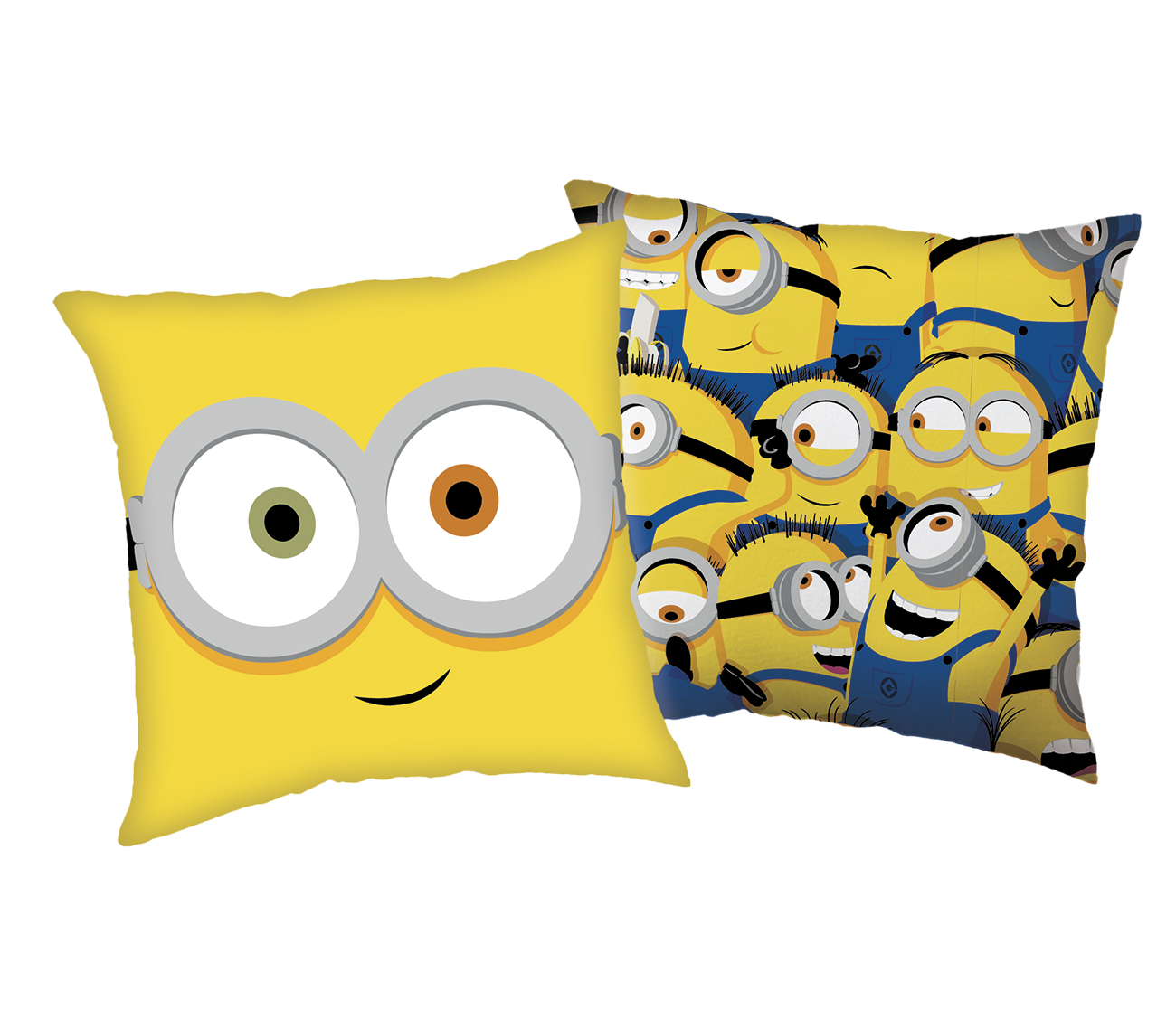 Freigestelltes Minions-Wendekissen vor schwarzem Hintergrund mit Bobs Gesicht vorne und Minions-Wimmelbild hinten.